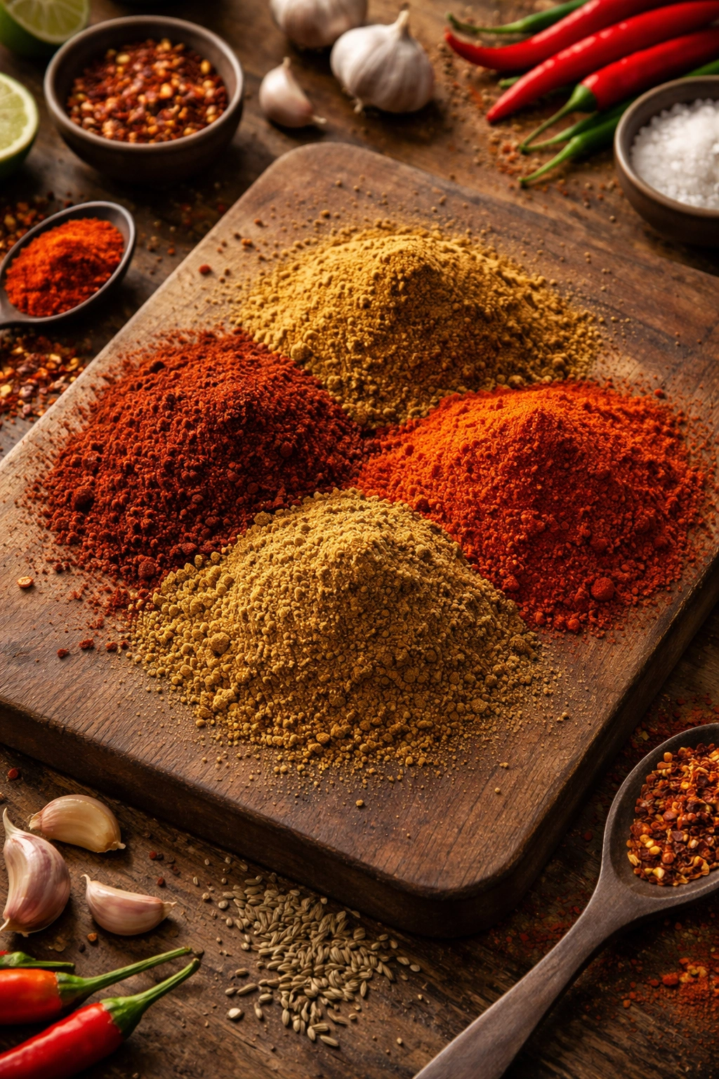 Four piles of ground spices arranged on wood board