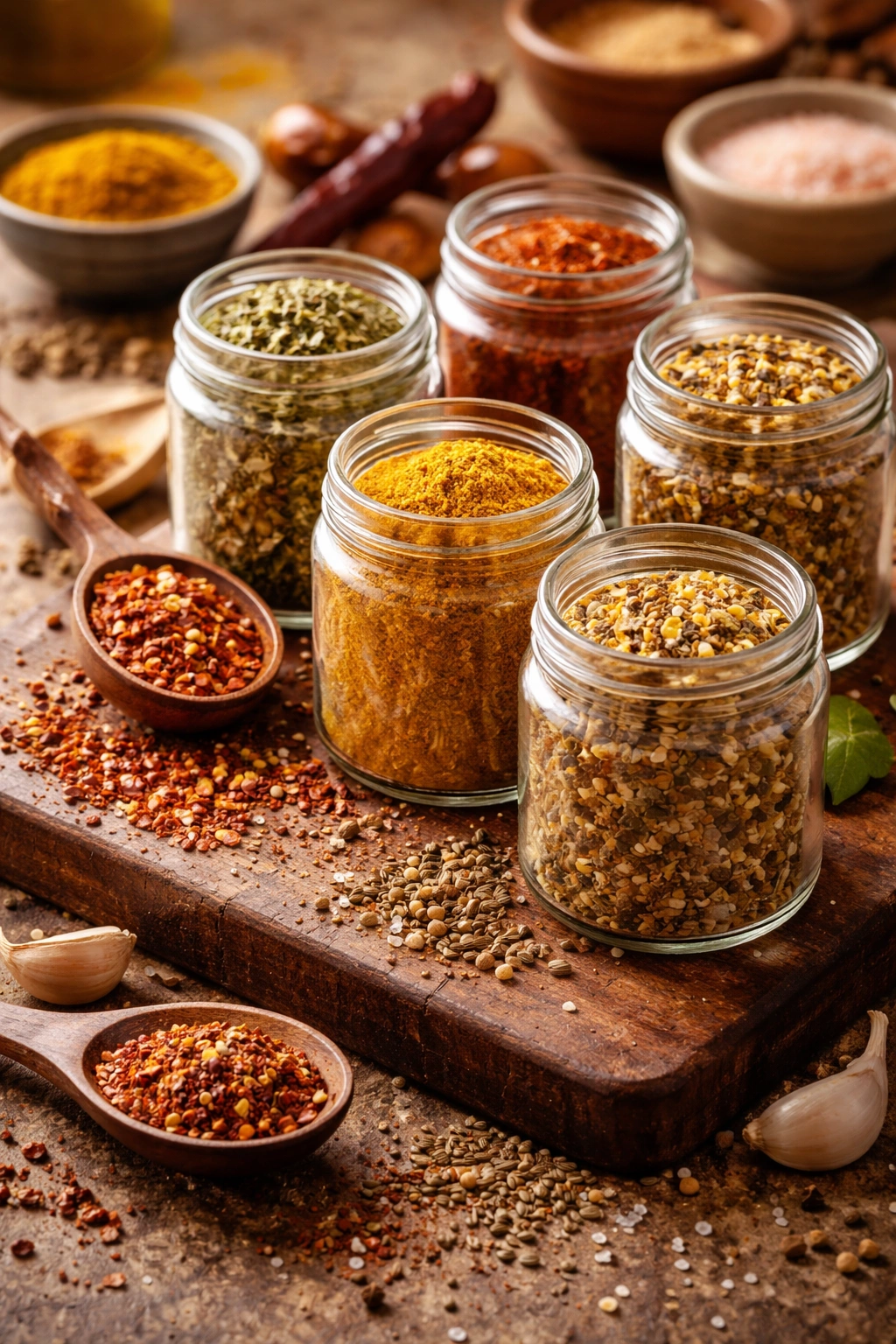 Assorted spice blends in glass jars on a wooden board