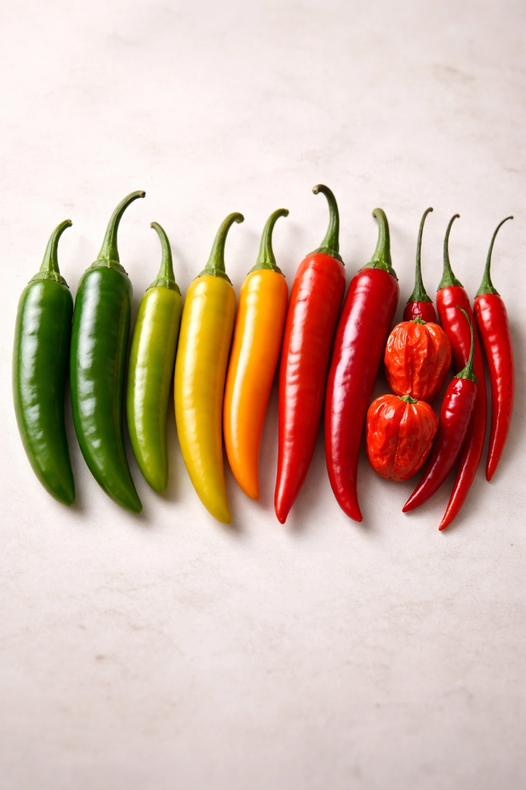Close-up row of chili peppers showing varying heat levels on a neutral background