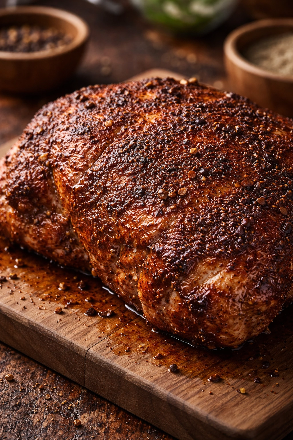 Close-up of spice crust on pork surface