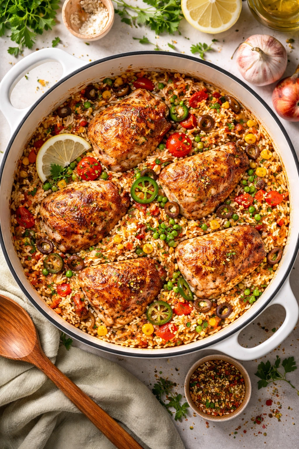 Close-up of chicken and rice with visible spice swirls suggesting flavor variations.