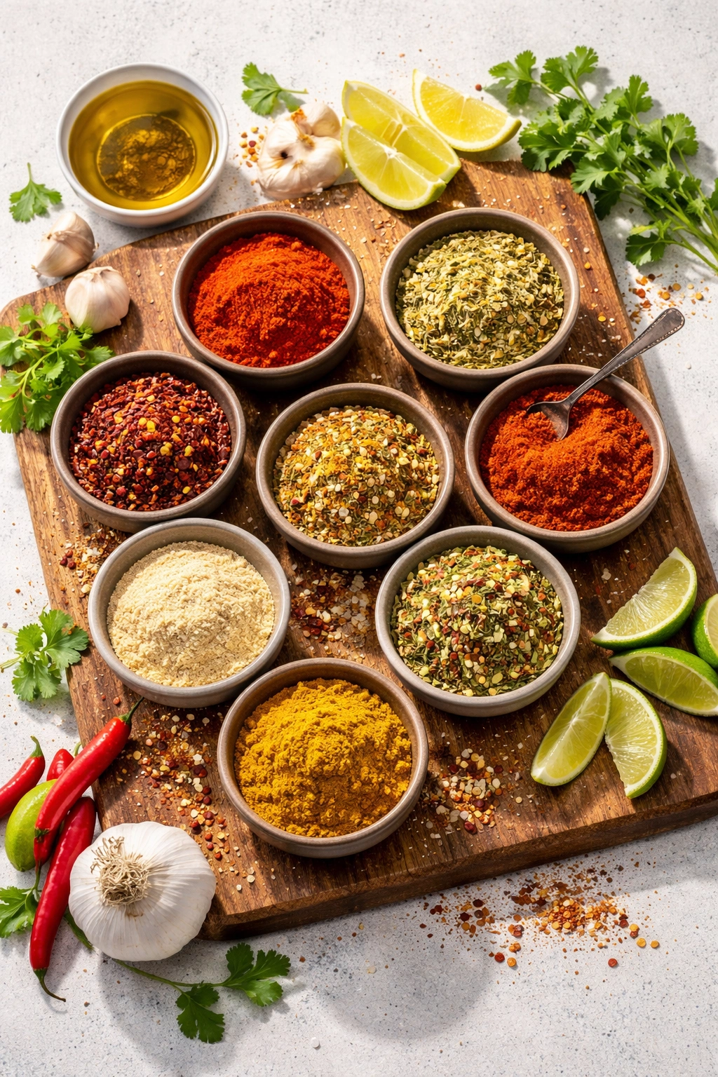 Assorted spice bowls showing varied colors for flavor variations