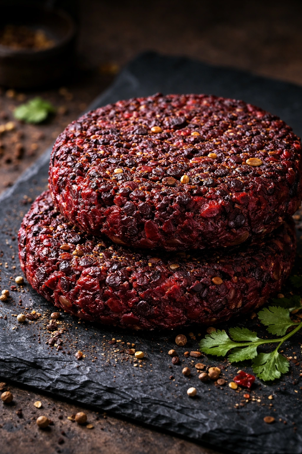 Close-up of spiced black lentil and beet burgers on slate