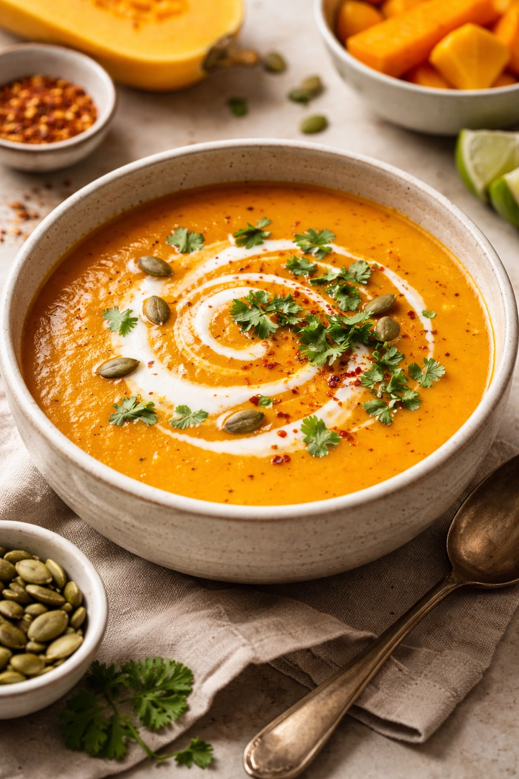 Orange butternut squash soup with coconut cream swirl.