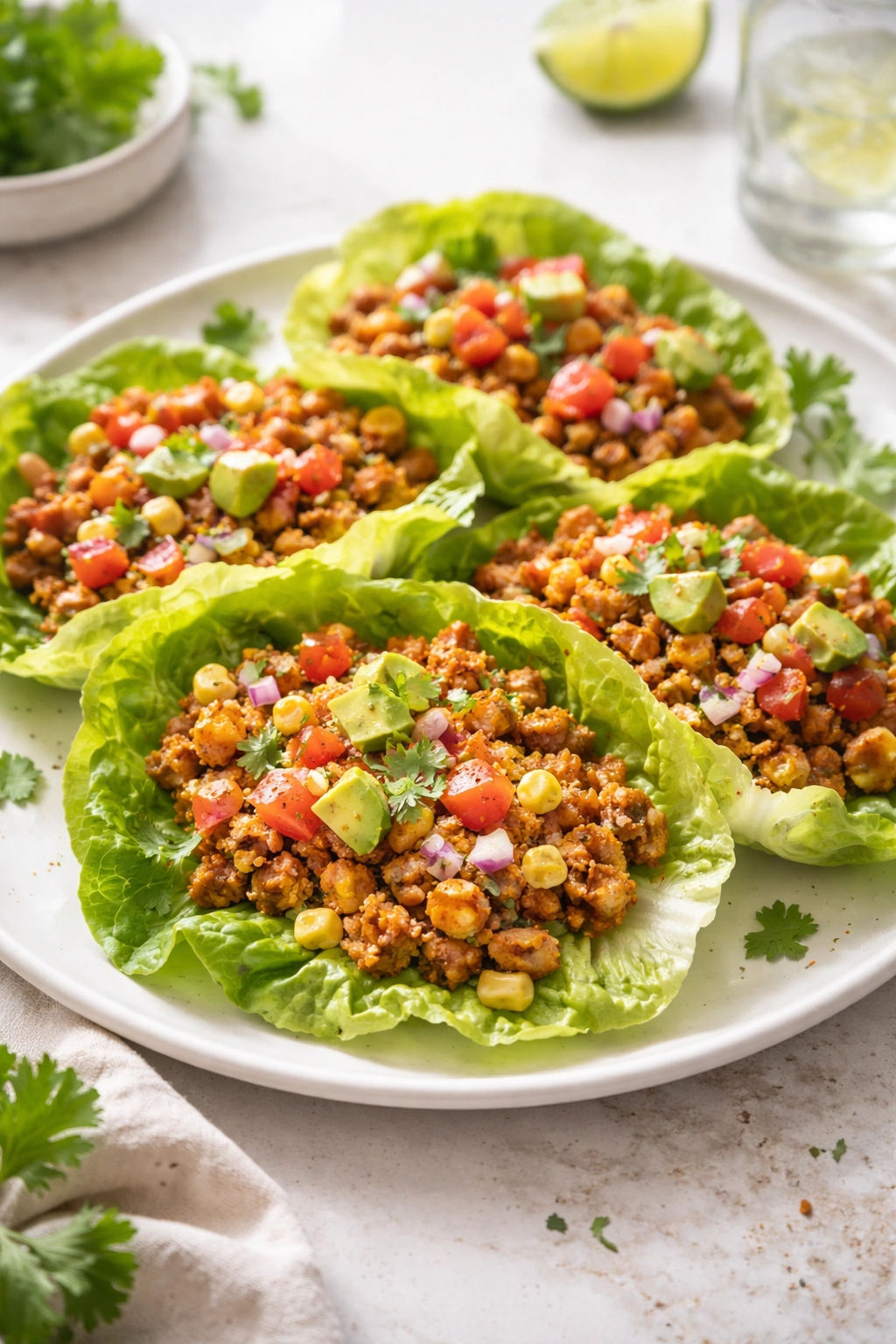 Close-up of spiced ground turkey lettuce wraps on a white plate, low-carb dinner.
