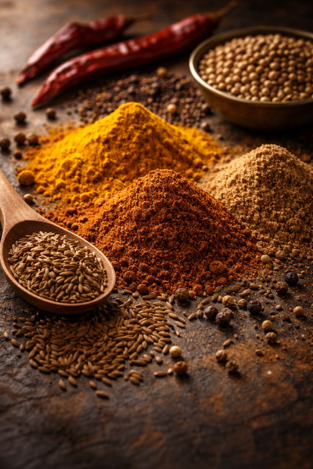 Close-up of balanced Indian spices arranged for flavor