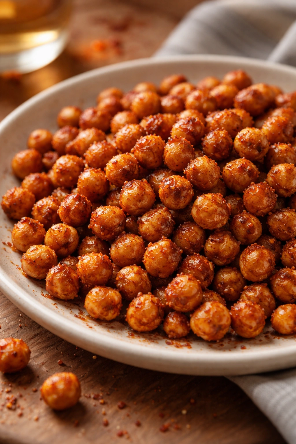 Crunchy spiced roasted chickpeas on a light plate