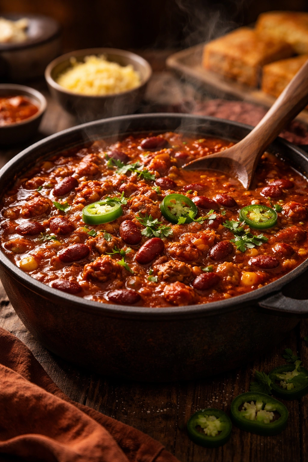 Hearty bowl of Spicy Chili with Beans showing beans and meat in thick chili
