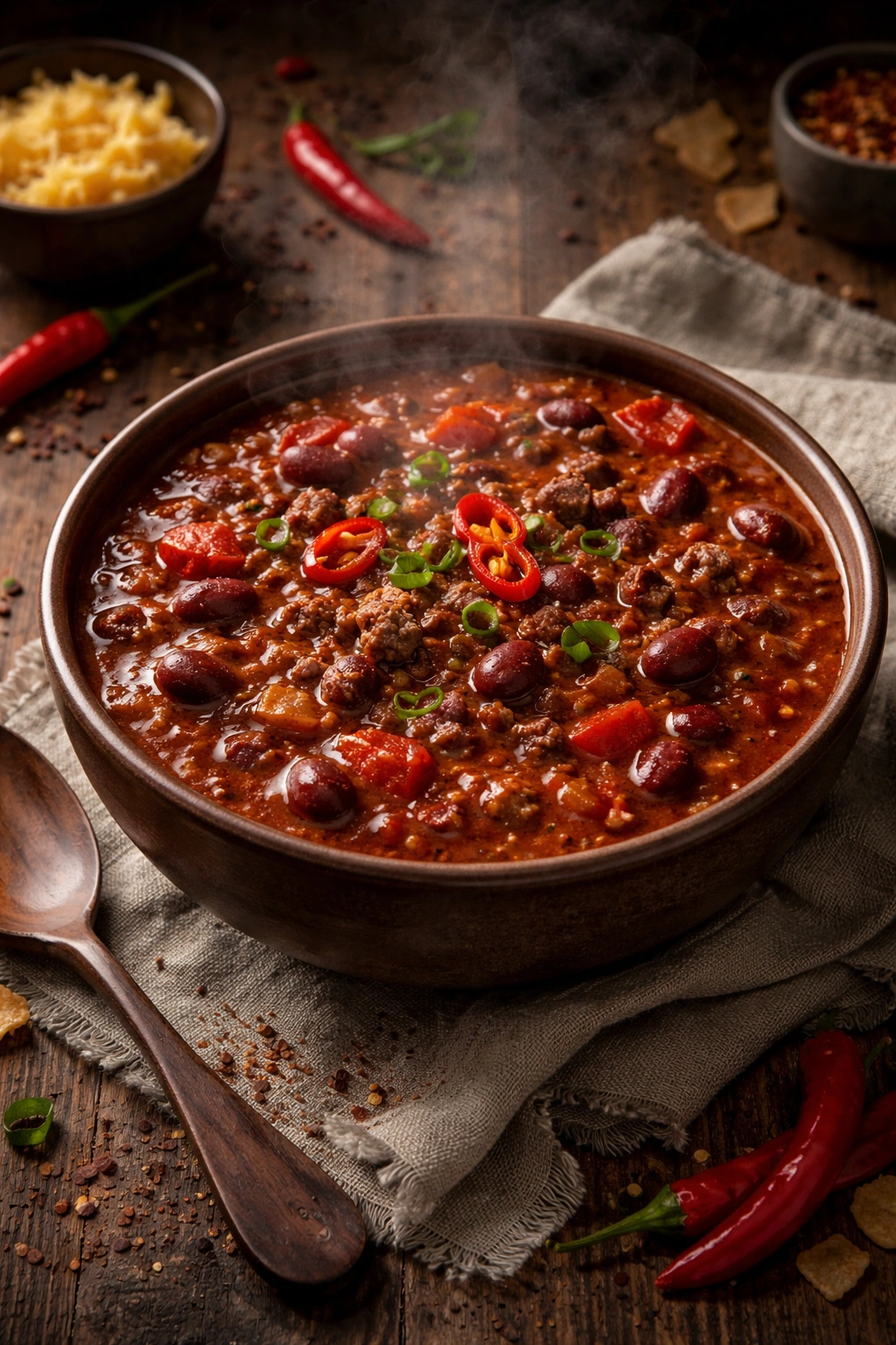 Steaming bowl of hearty spicy chili with beef beans and tomatoes