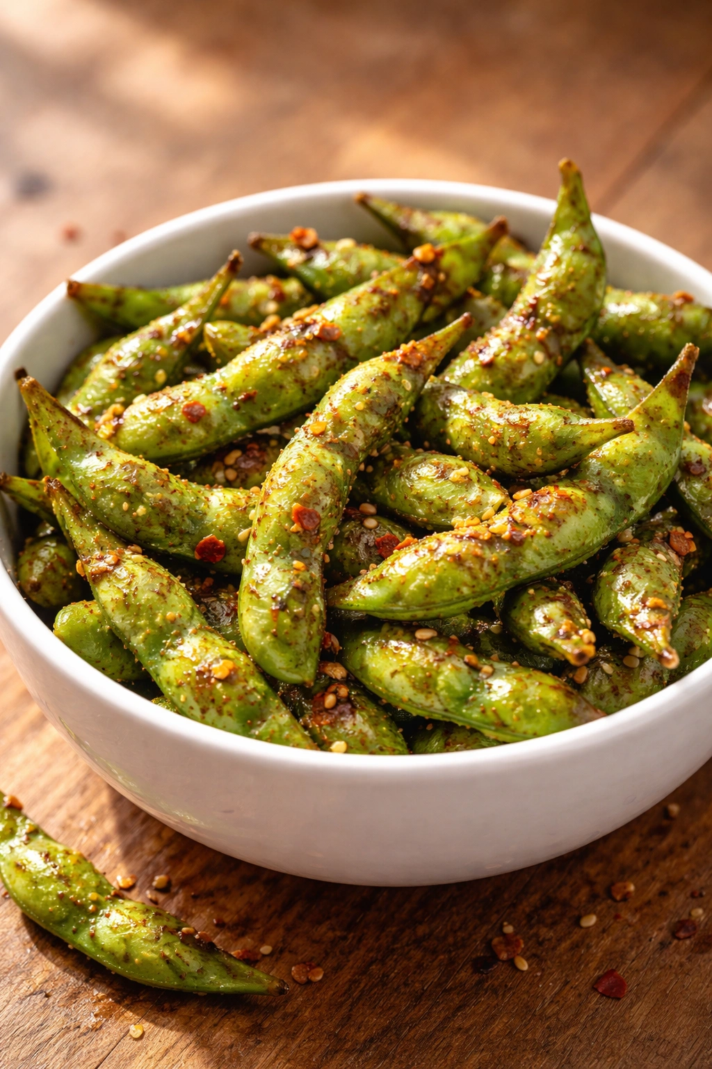 Spicy edamame in a white bowl with chili seasoning