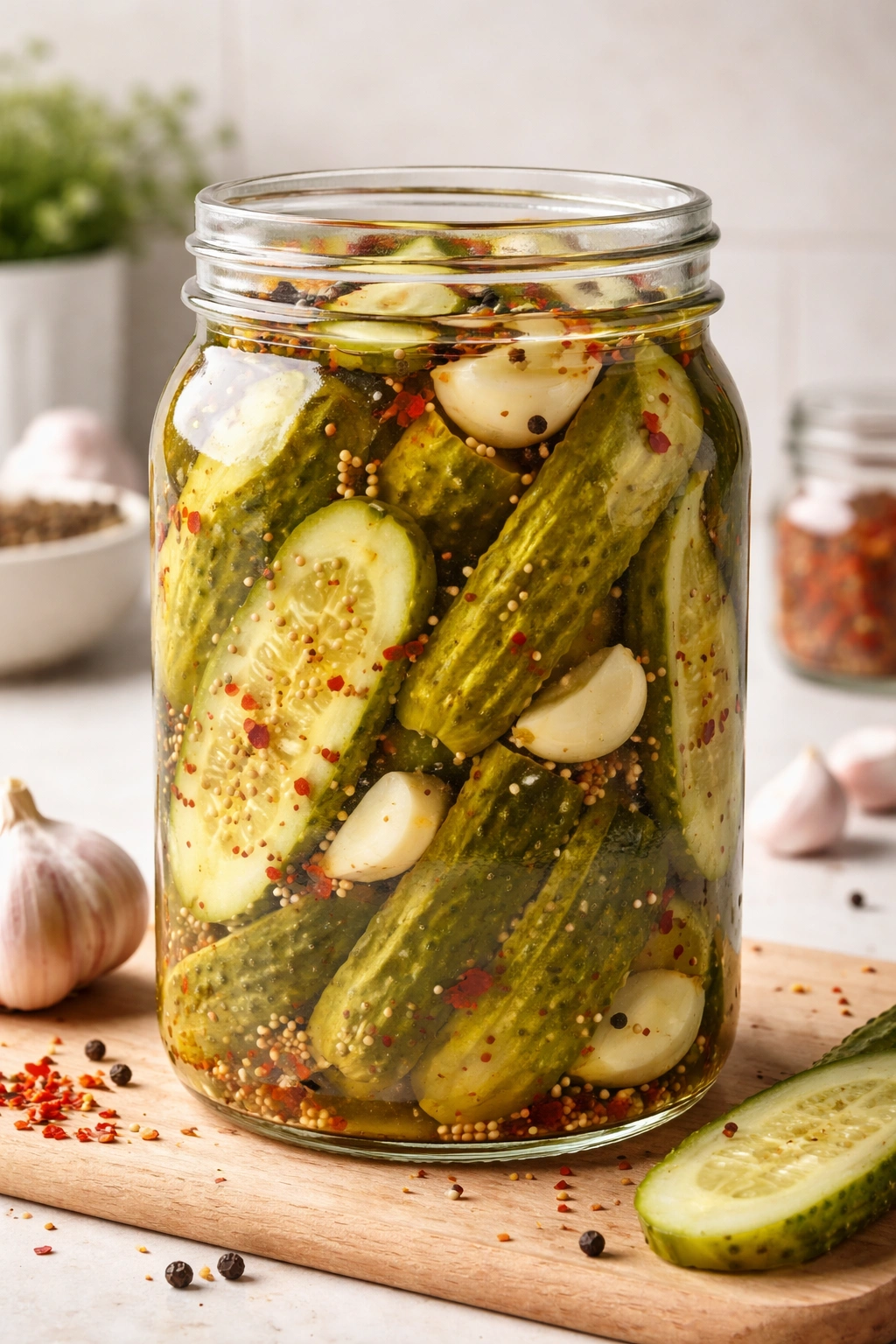 Close-up of a jar of spicy garlic pickles with garlic and red flakes in brine