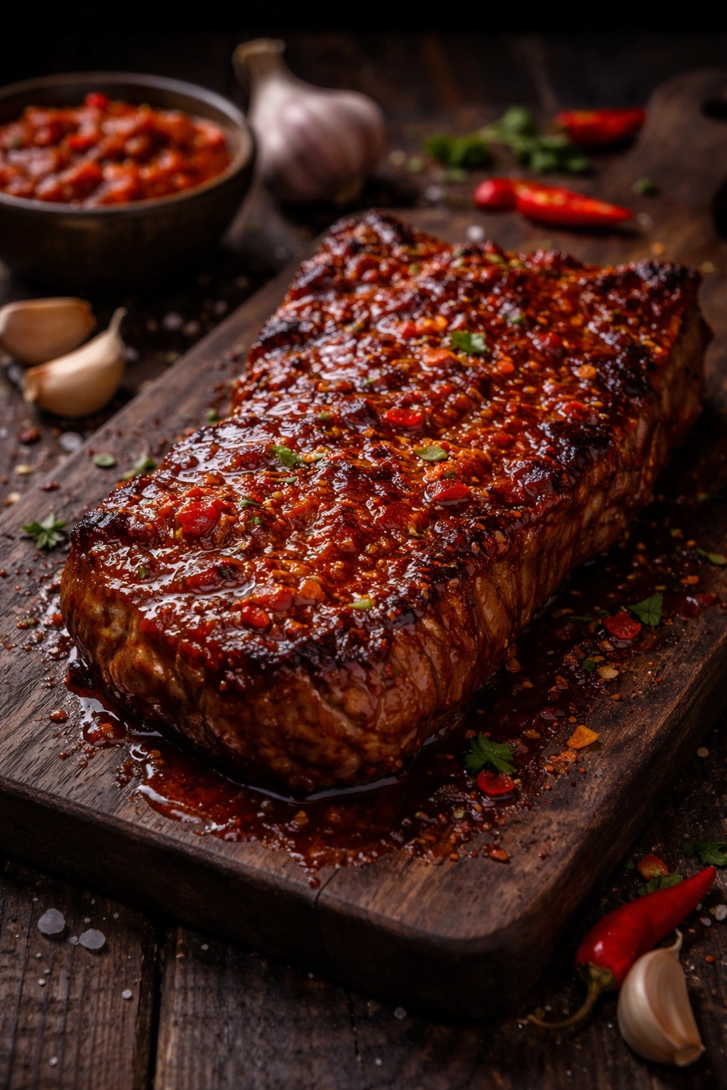 Beef steak with roasted red pepper garlic glaze