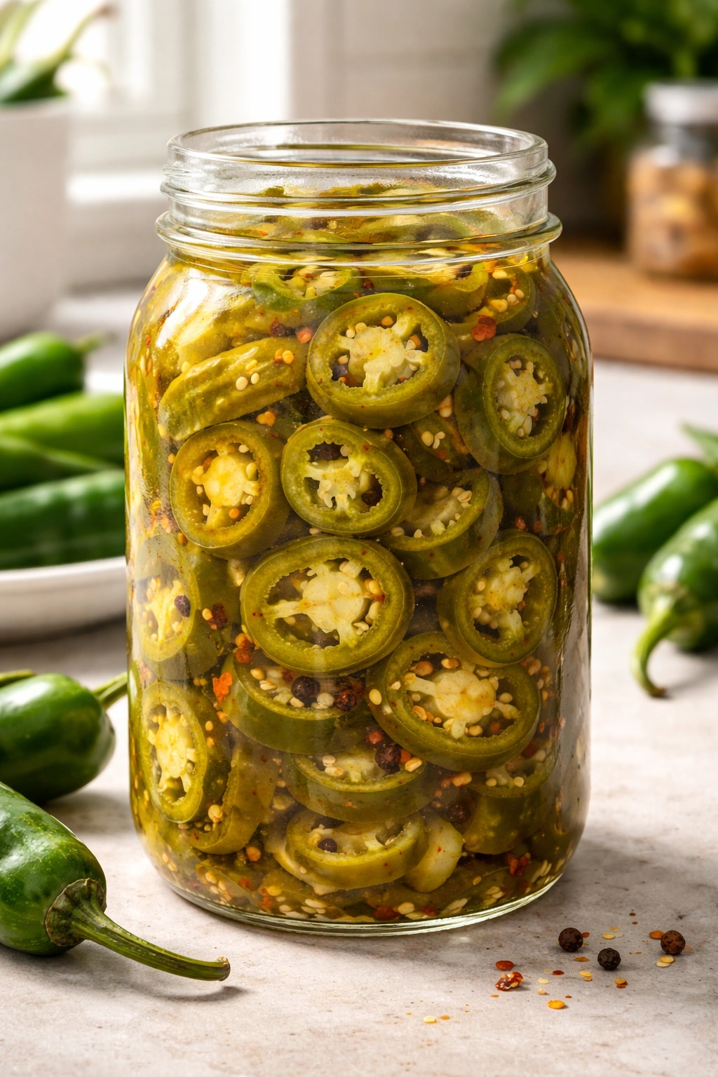 Jar of spicy jalapeño pickles in brine with green slices