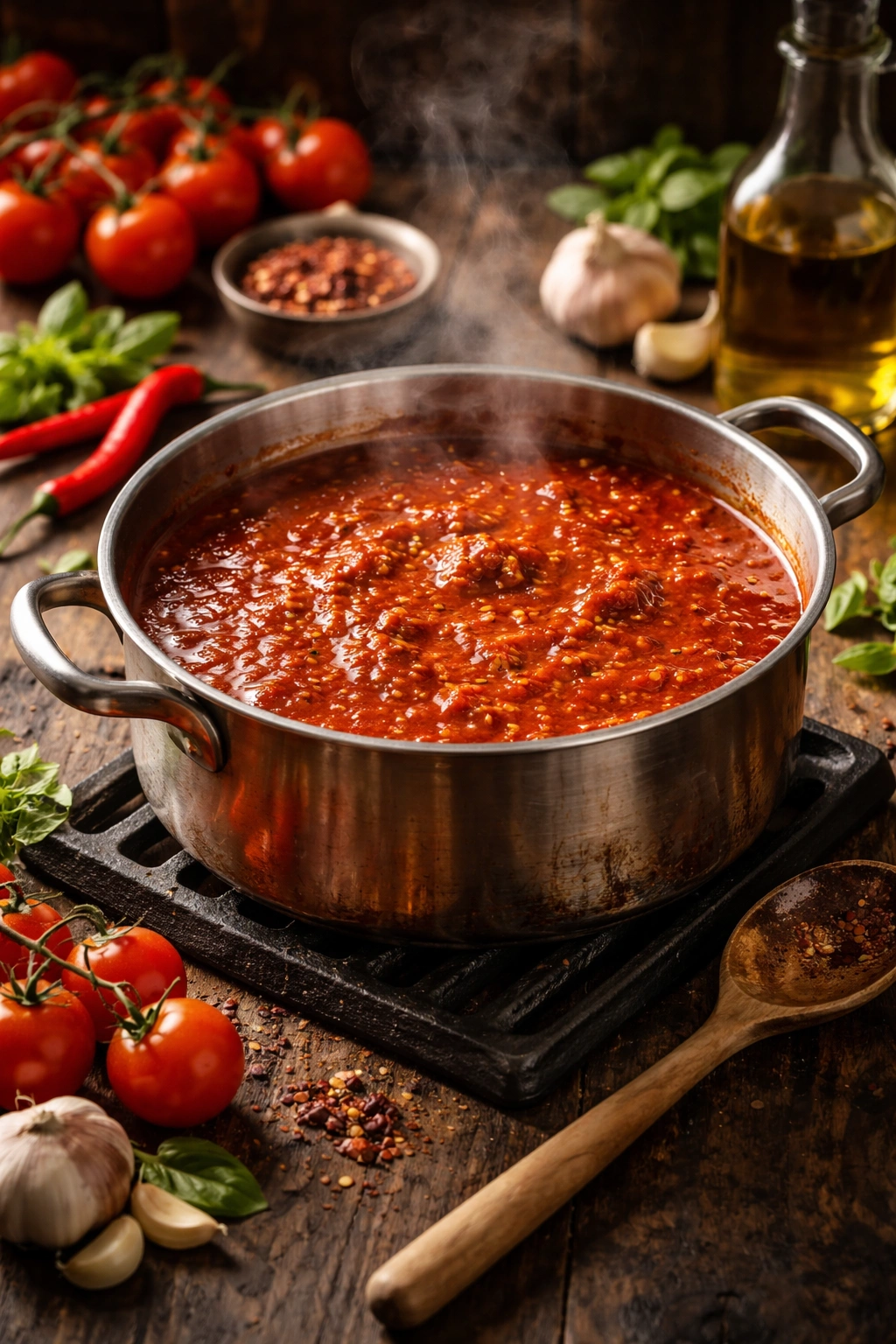 Rustic pot of bright red spicy tomato sauce on a cast-iron stove with warm lighting