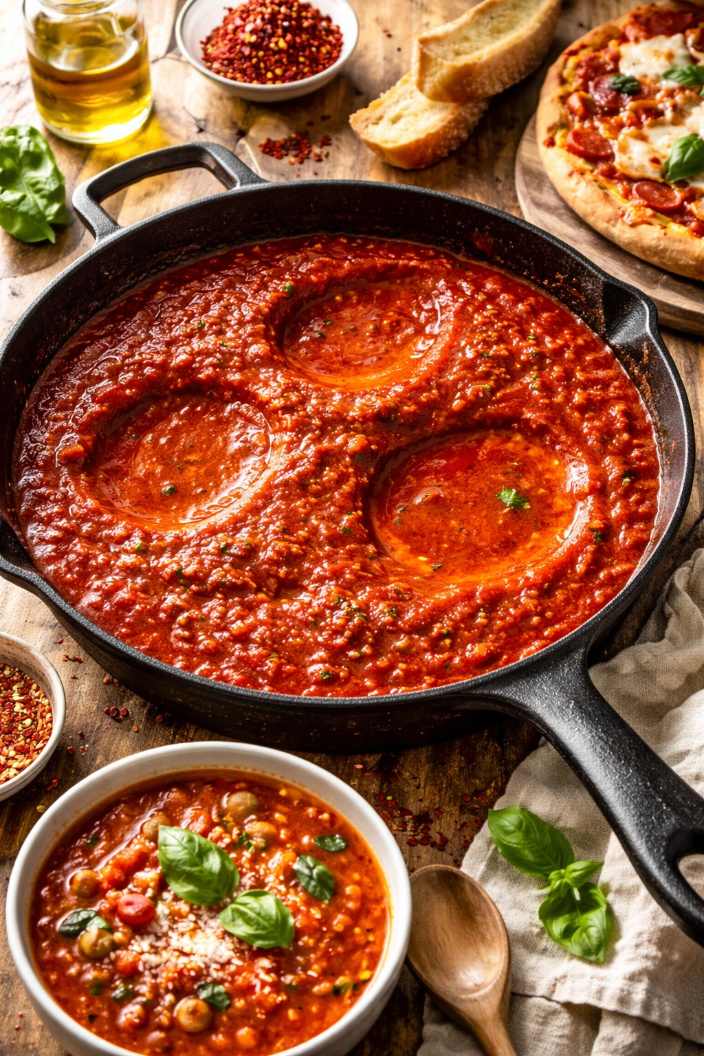 Close-up of spicy tomato sauce in a skillet with wells, warm kitchen
