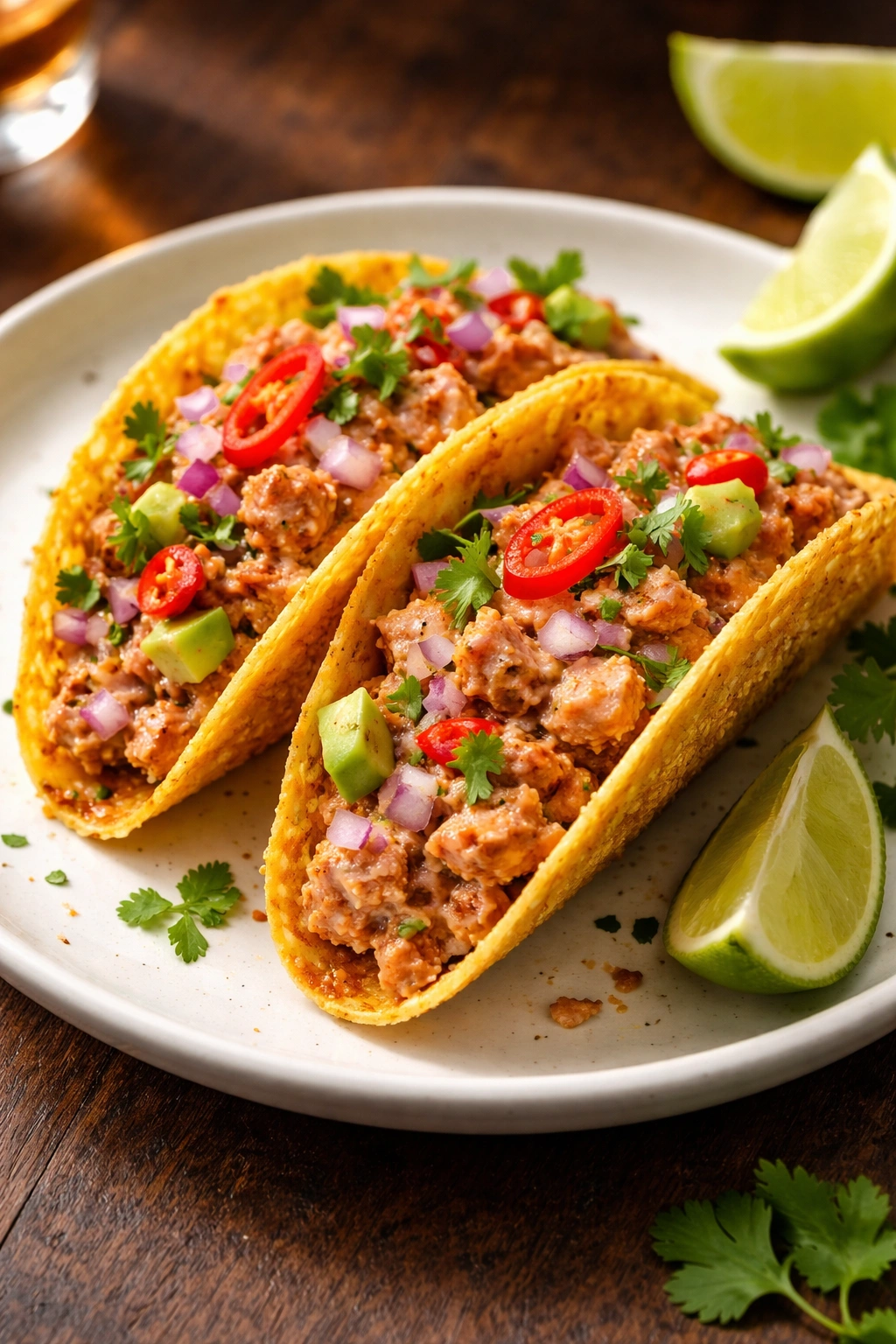 Two crispy-shell spicy tuna tacos on a white plate.