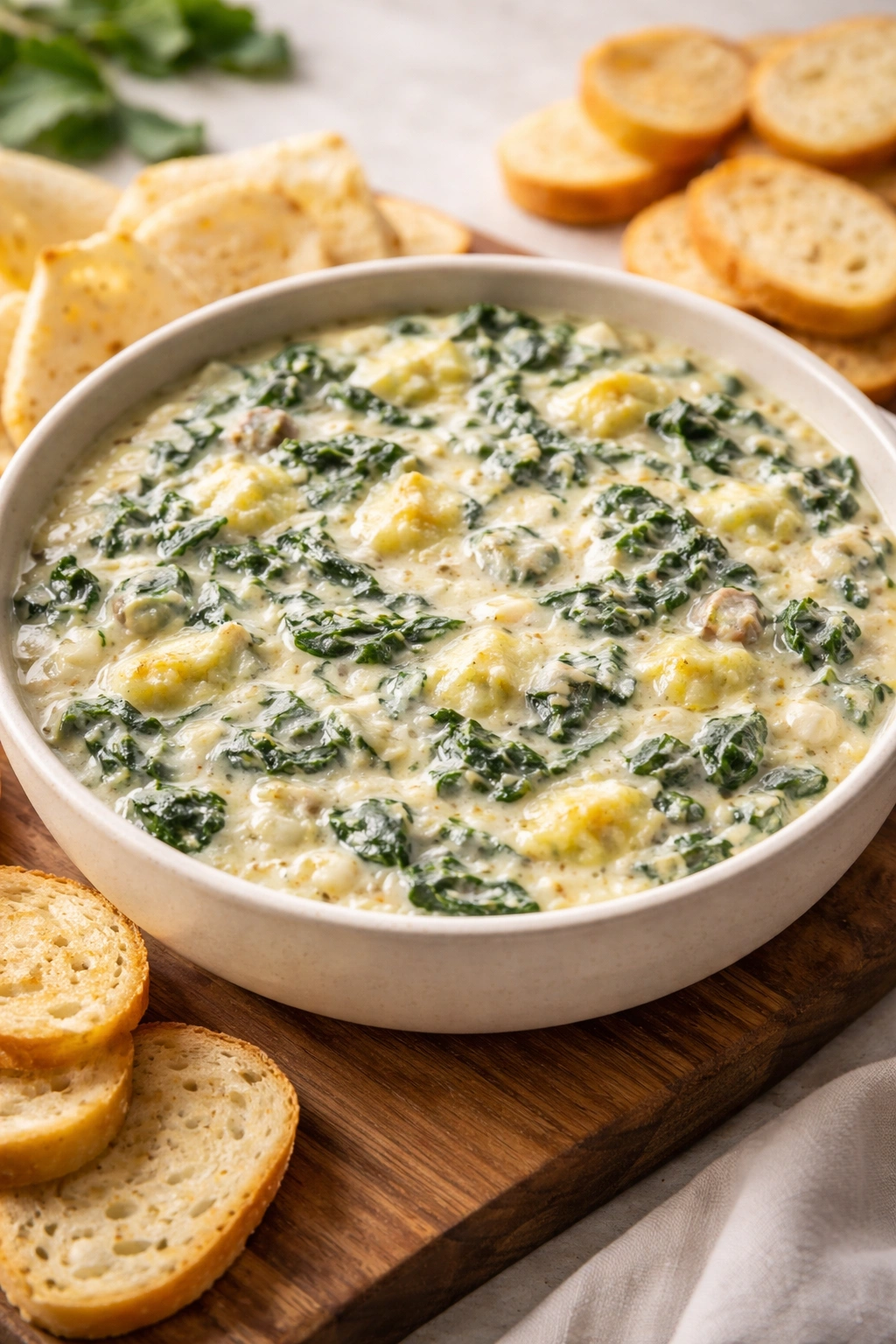 Creamy spinach and artichoke dip with visible greens in a bowl