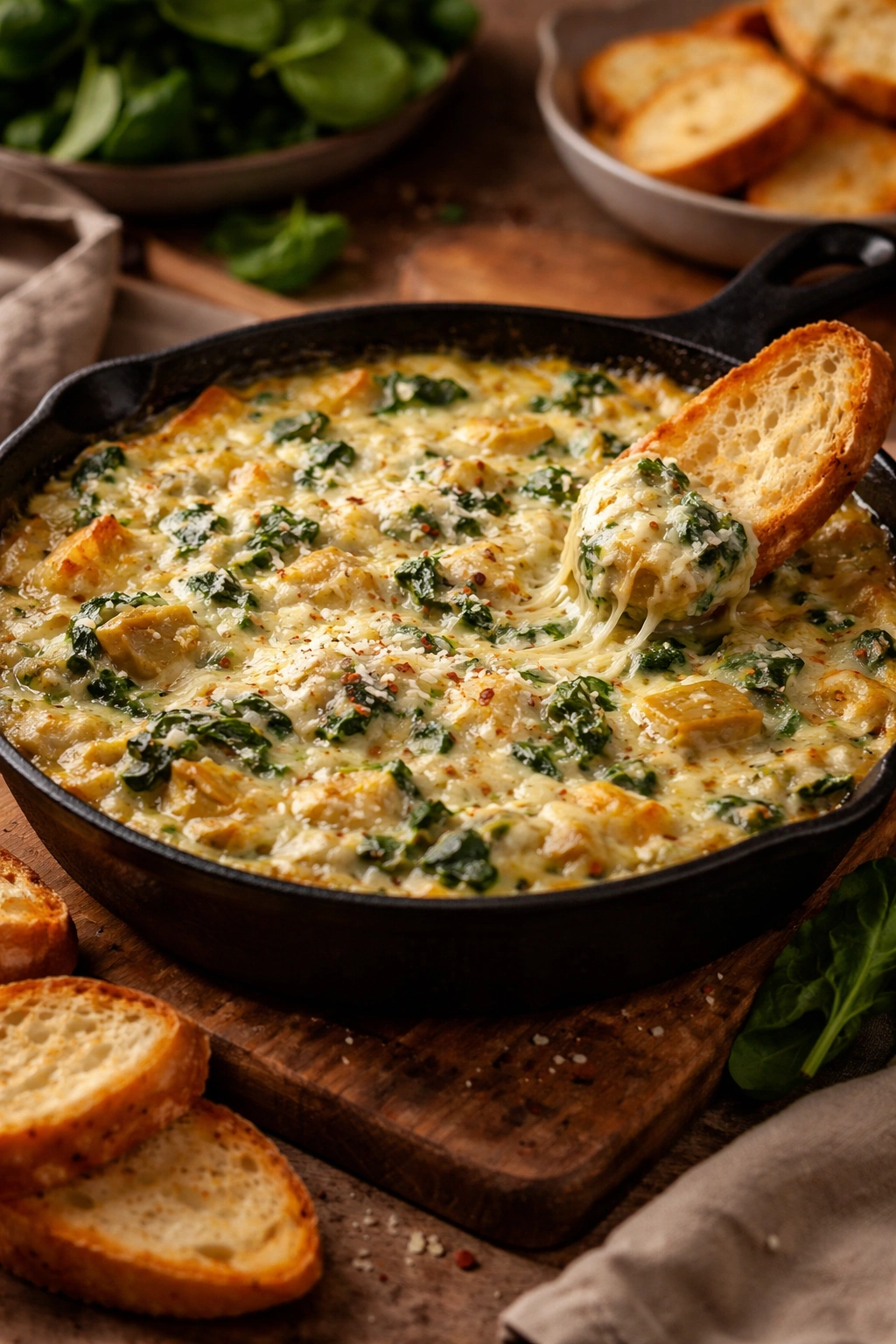 Close-up of creamy spinach and artichoke dip in a warm cast-iron skillet