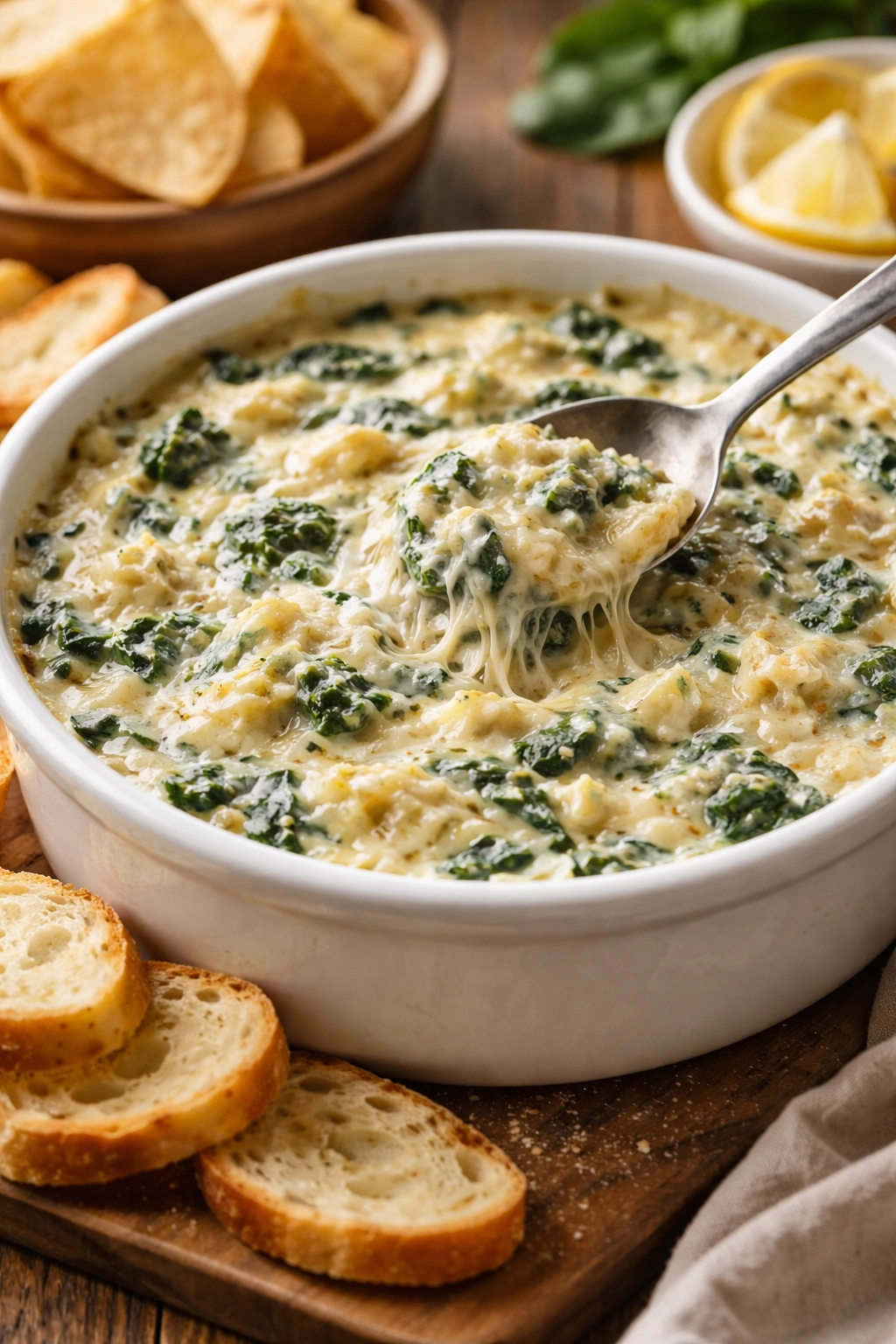 Creamy spinach and artichoke dip in a bowl with a spoon