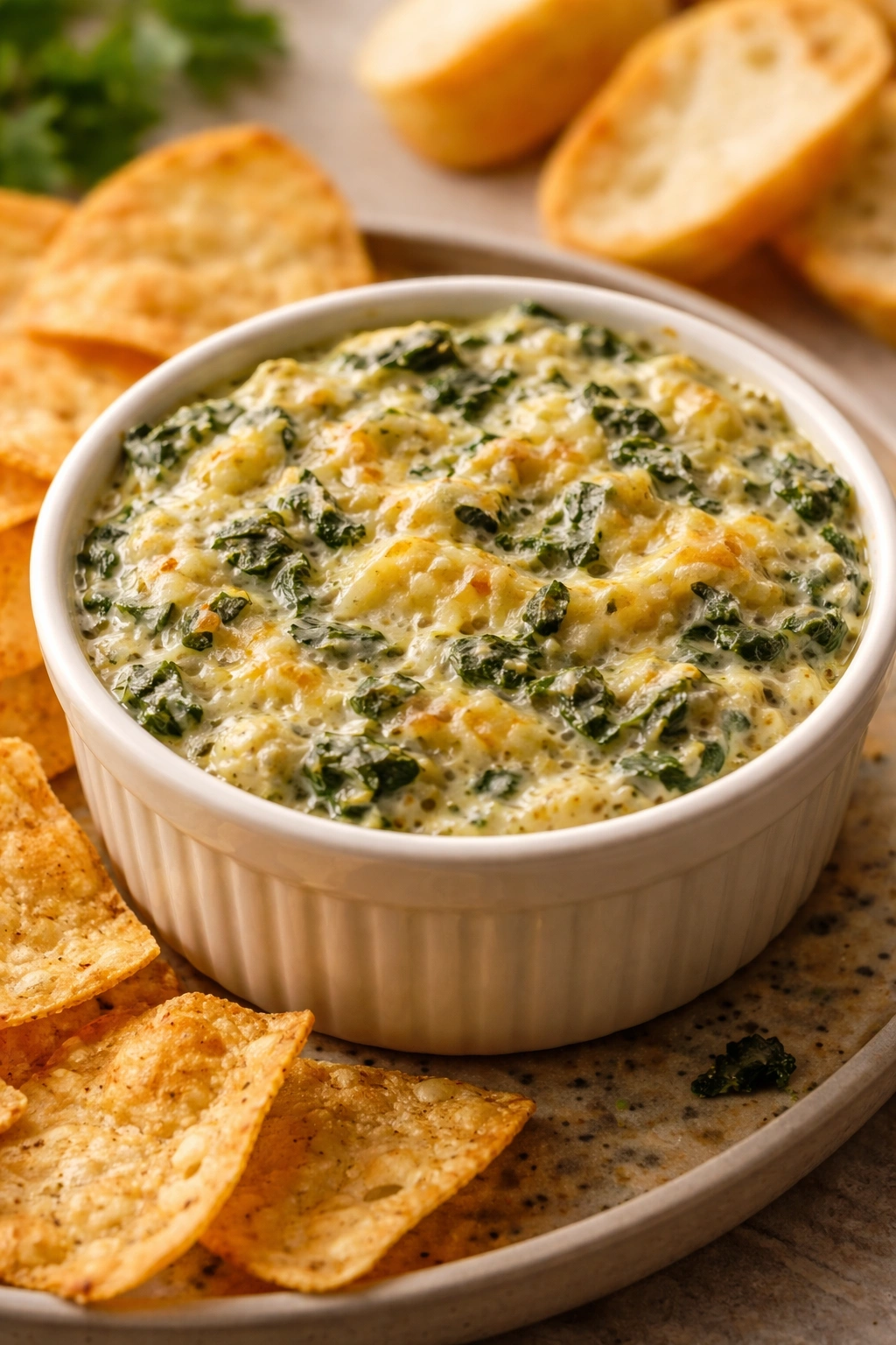 Creamy spinach artichoke dip in a ramekin on a neutral surface.