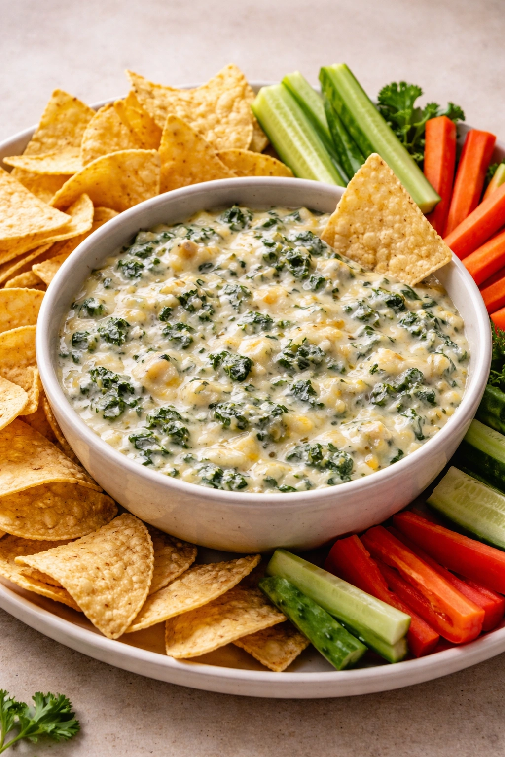 Creamy spinach artichoke dip with chips and veggie sticks on a neutral table