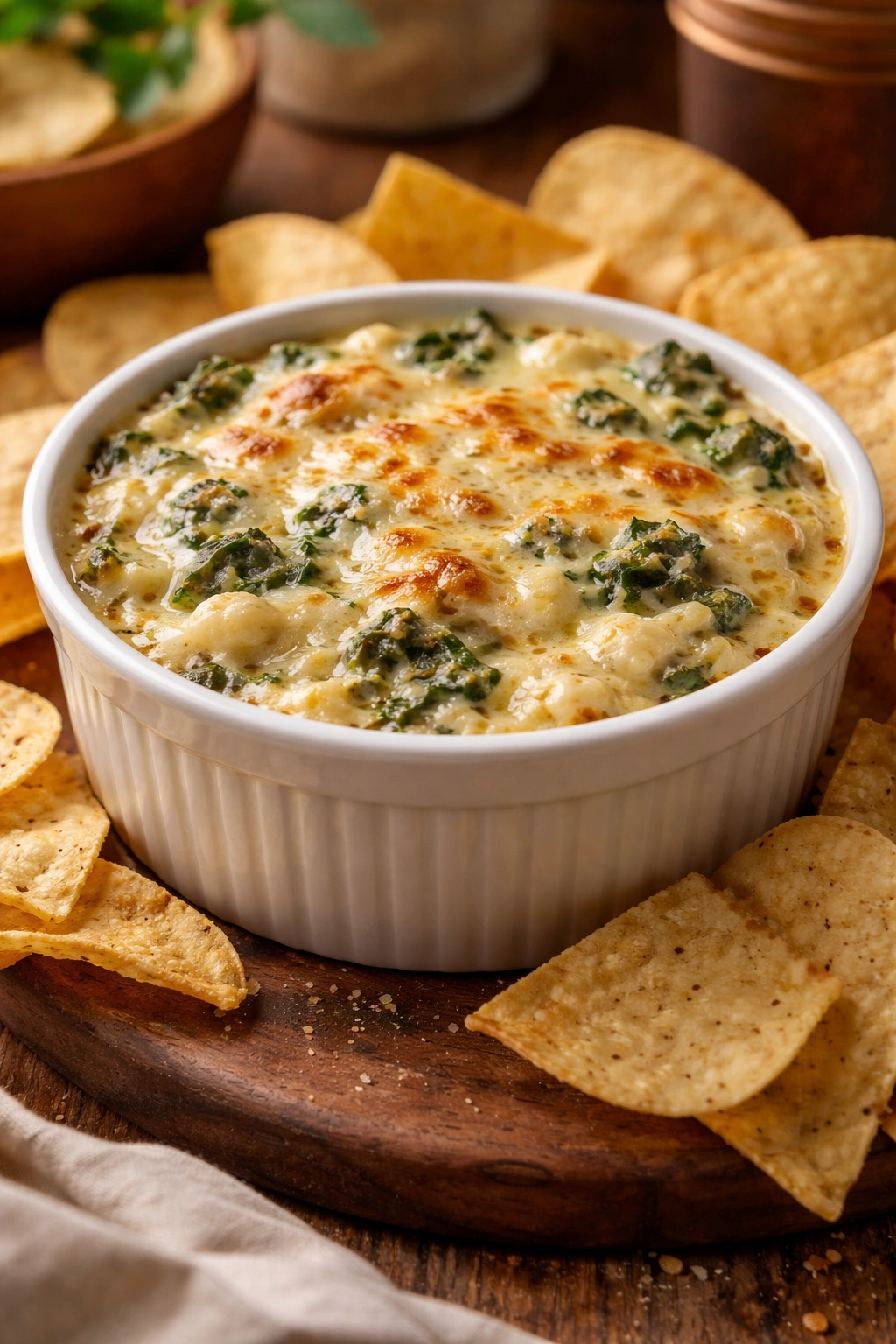 Creamy spinach artichoke dip in ramekin with melted cheese