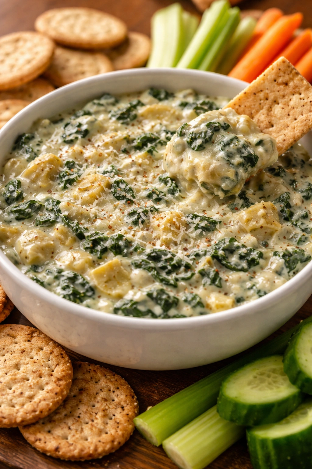 Creamy spinach and artichoke dip with spinach flecks and artichoke chunks in a white bowl