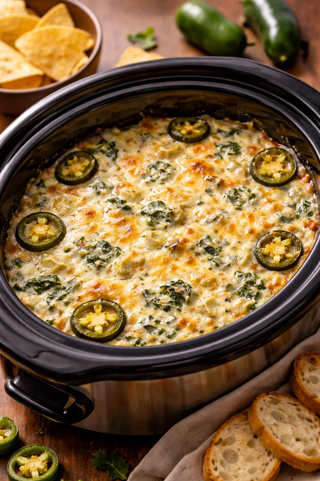 Creamy spinach artichoke dip with jalapeño hints in a crock pot