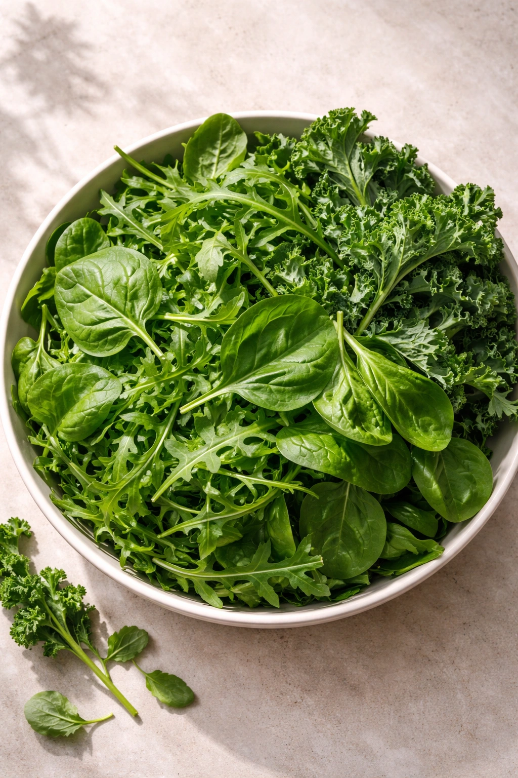 Fresh greens—spinach, arugula, kale—in a bowl