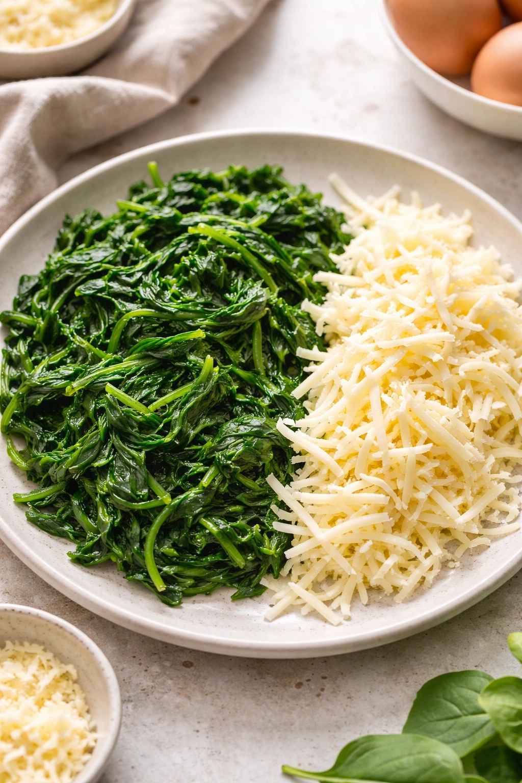Wilted spinach ribbons and cheese shreds on a simple plate