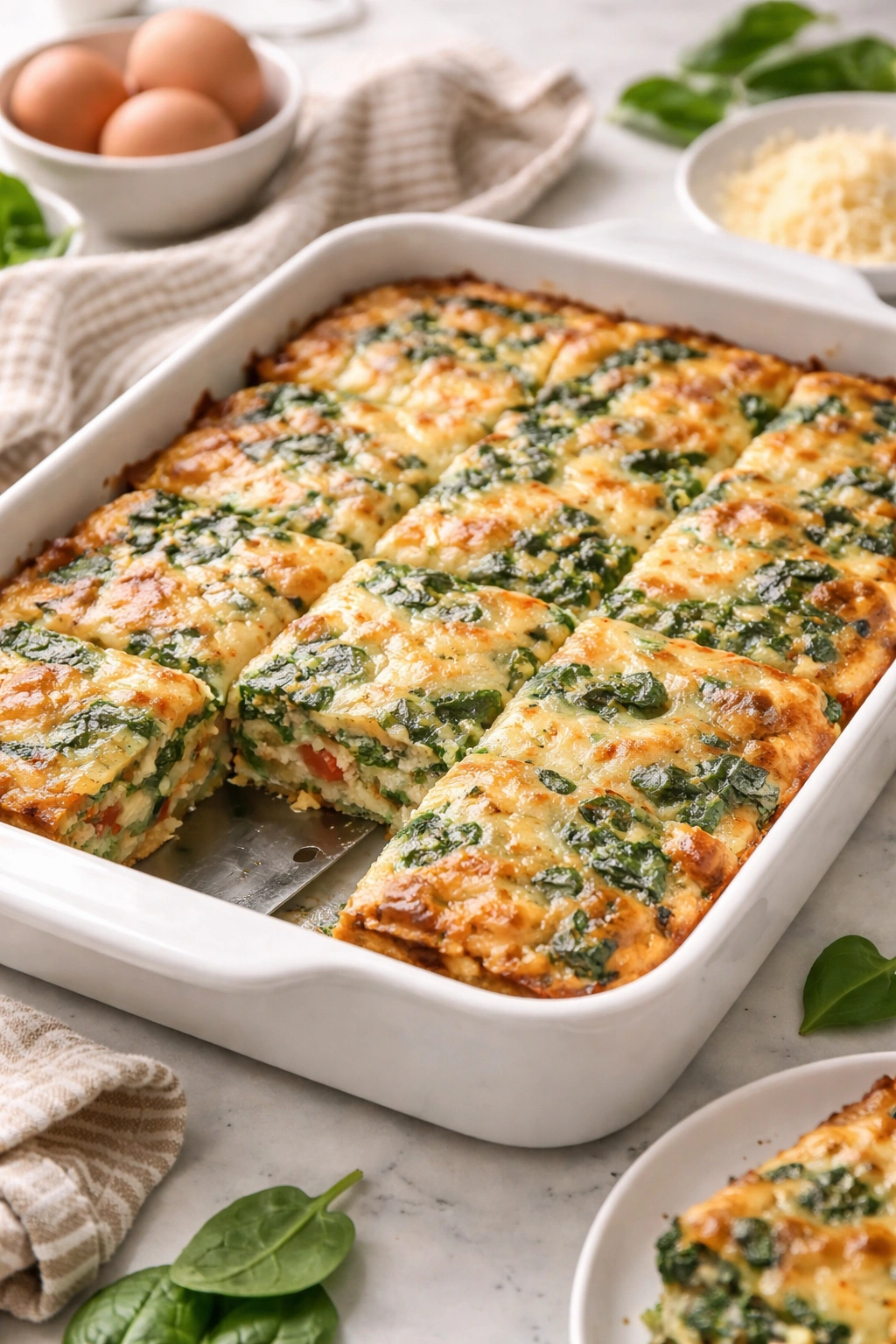 Baked spinach egg casserole in a 9x13 dish on a kitchen counter