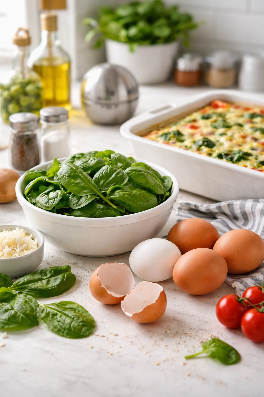 Kitchen scene with spinach, eggshell, and timer suggesting FAQs