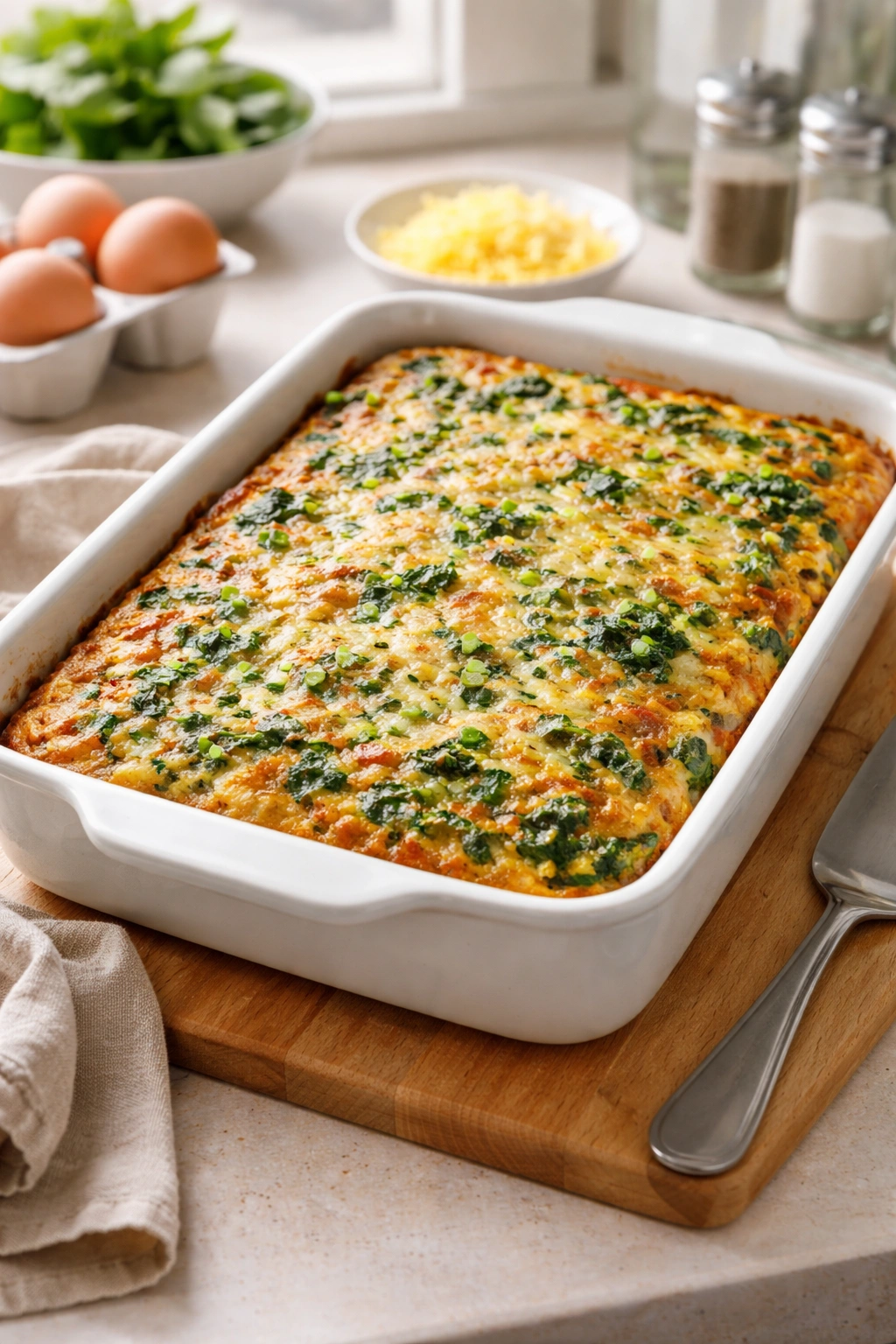Close-up of a golden-brown spinach egg casserole in a rectangular dish on a wooden counter
