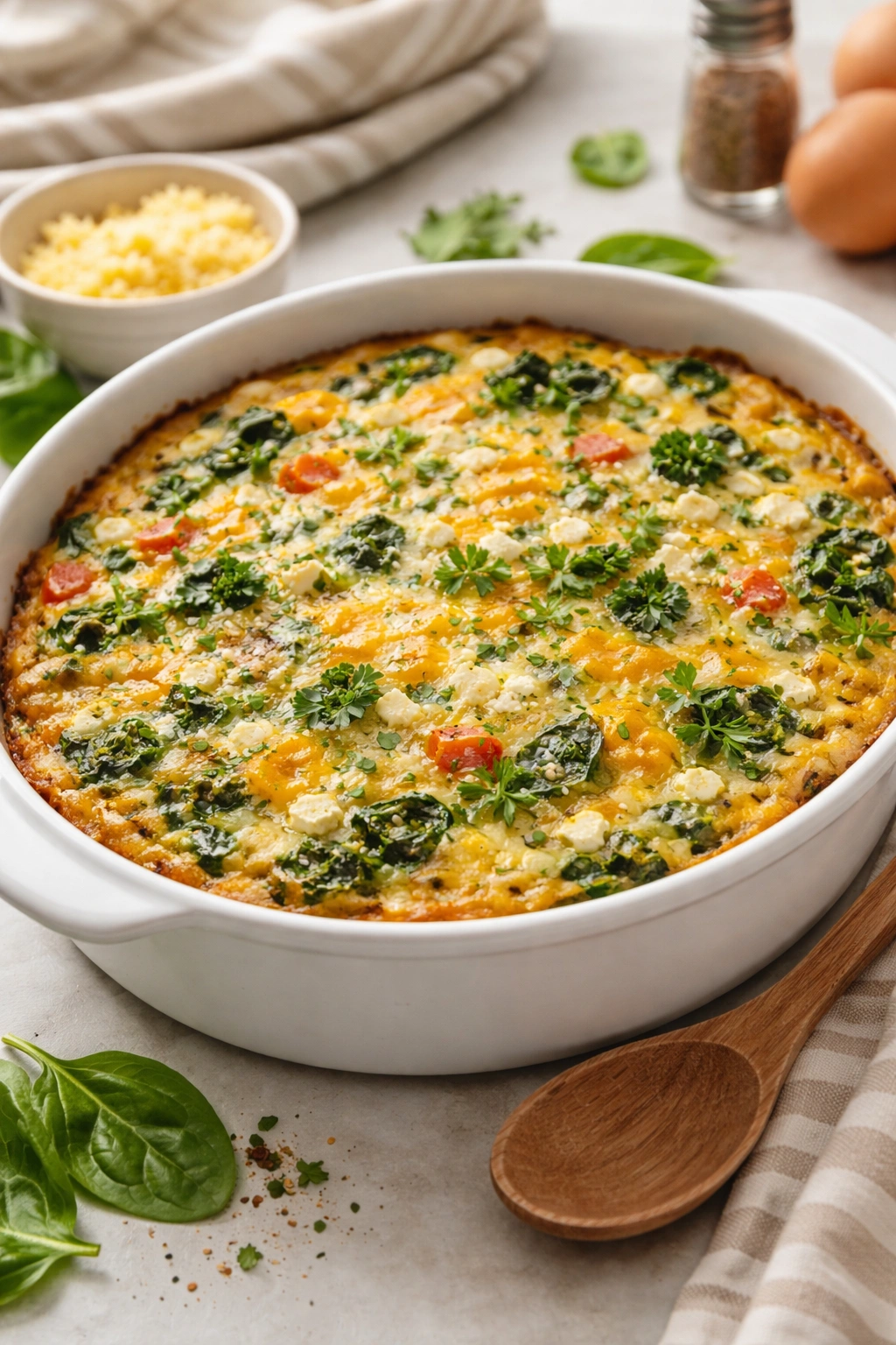 Finished spinach egg casserole in a white dish, ready for make-ahead breakfasts