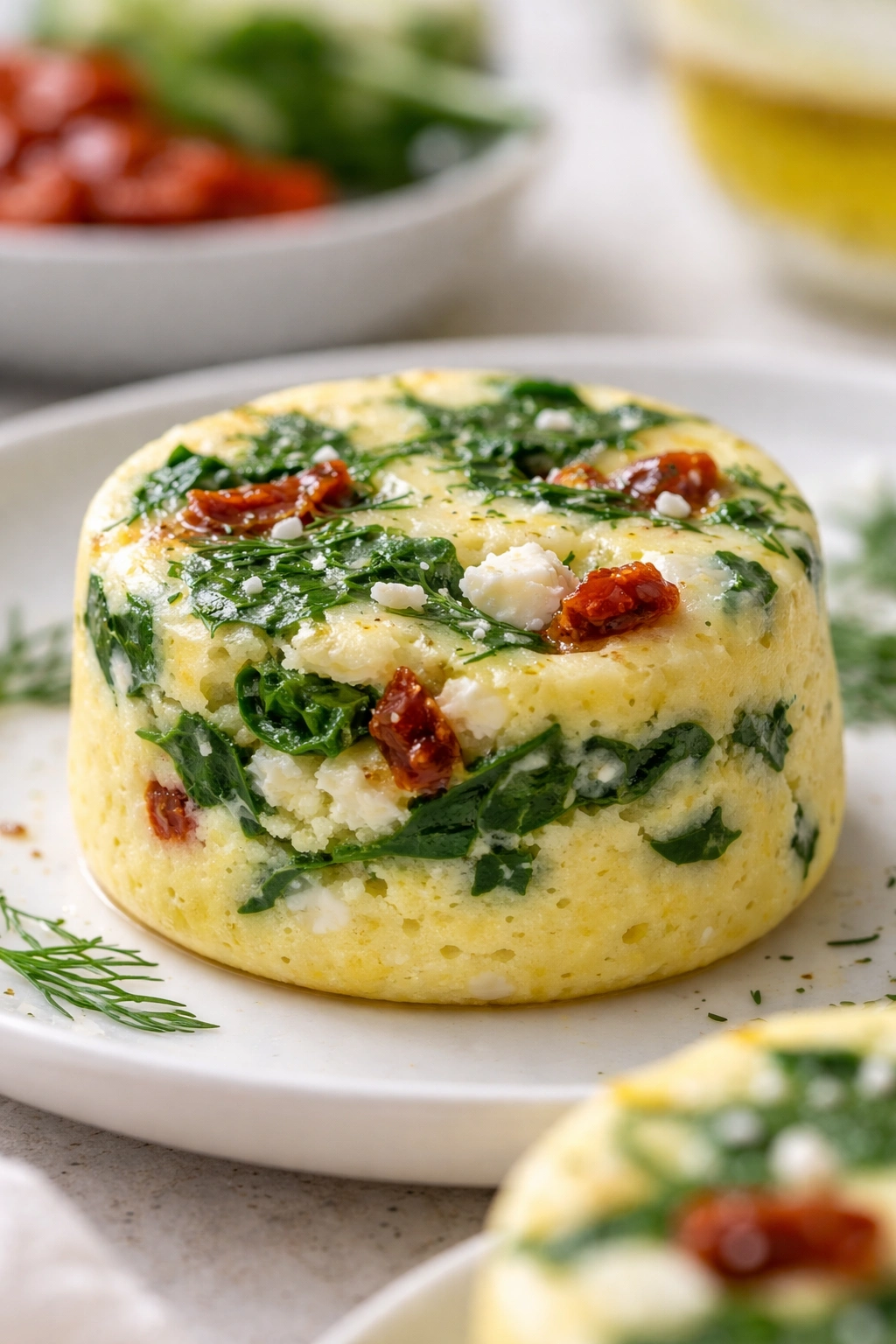 Close-up of a spinach and feta filled egg bite on a white plate