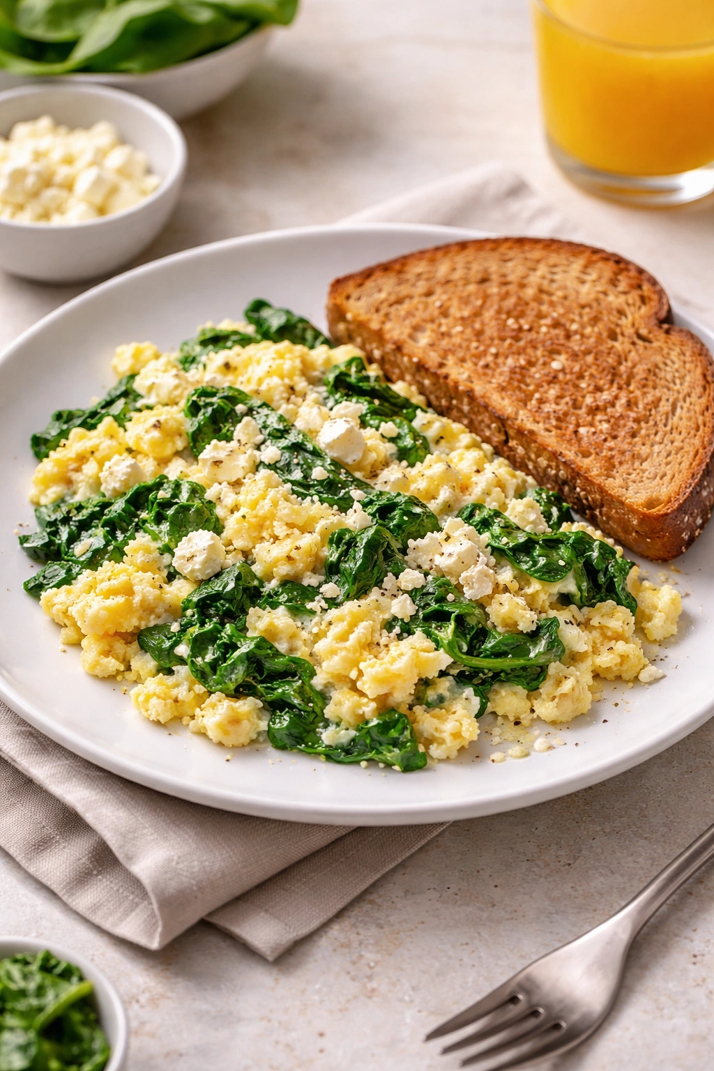 Spinach and feta scrambled eggs with toast on a plate