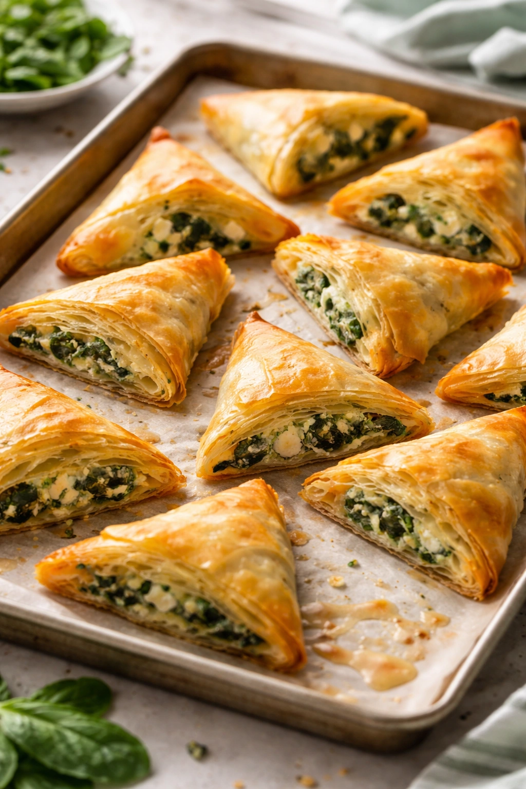 Close-up of spinach and feta phyllo parcels on parchment