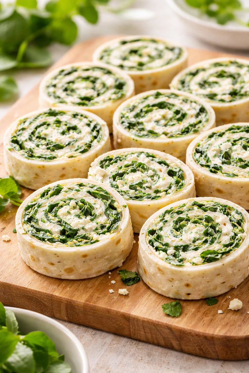 Close-up of spinach and feta cream cheese pinwheels sliced to reveal filling on a wooden board