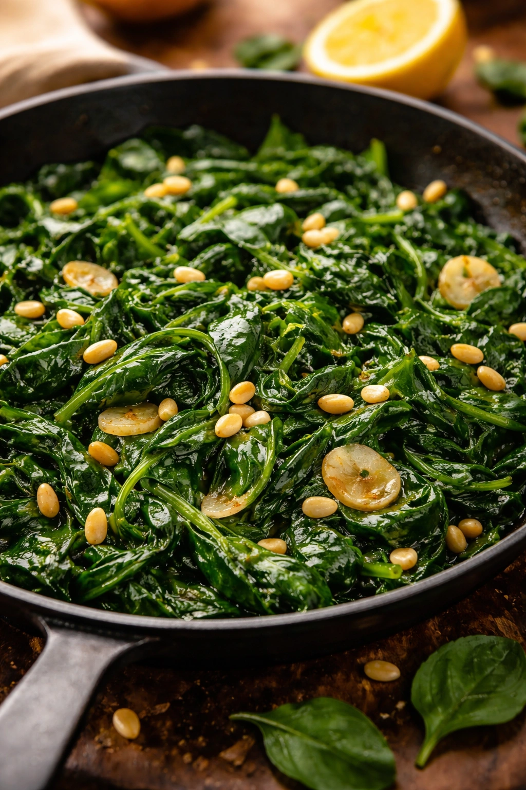 Sautéed spinach with garlic and pine nuts on plate