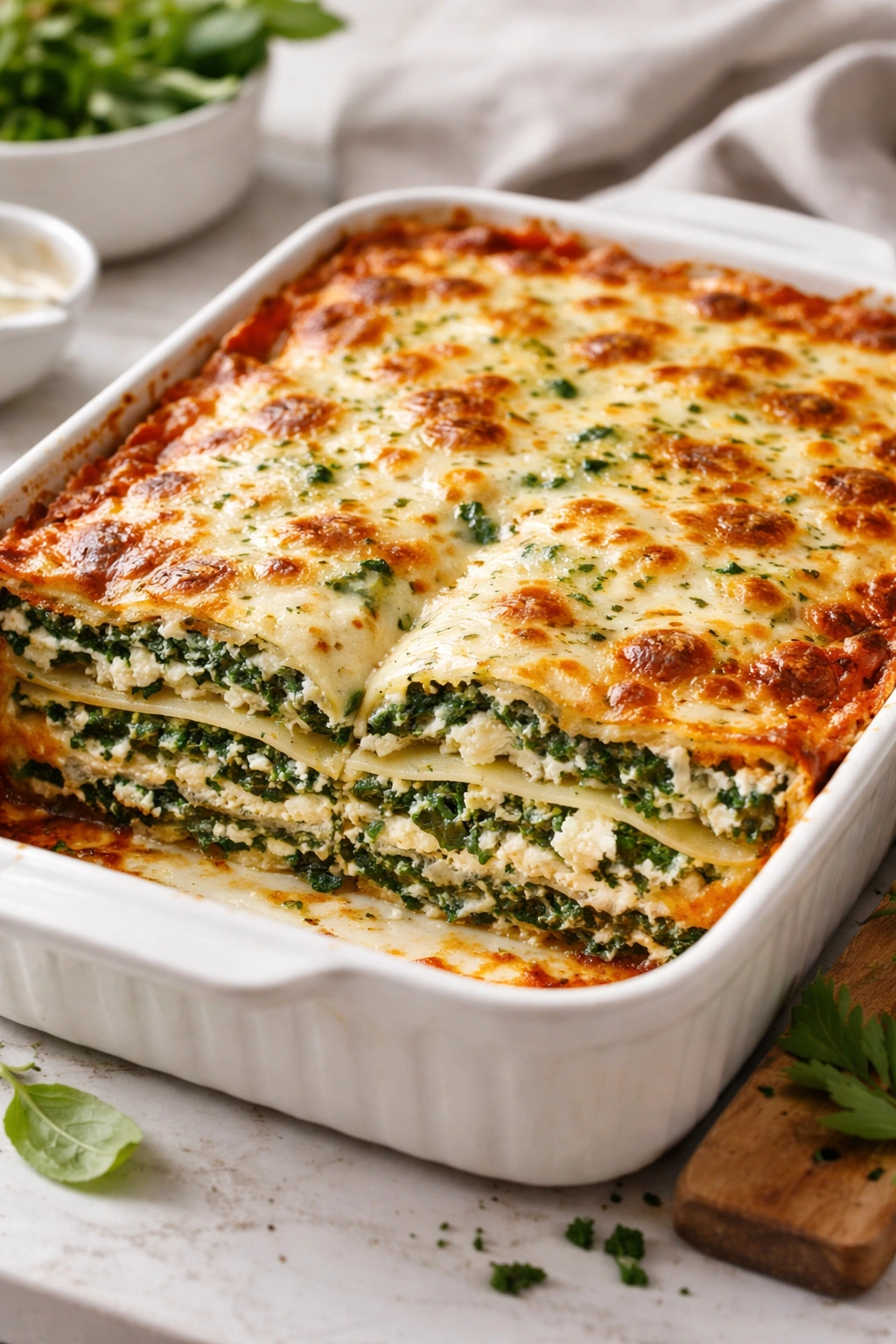 Spinach and cheese lasagna layered in a baking dish