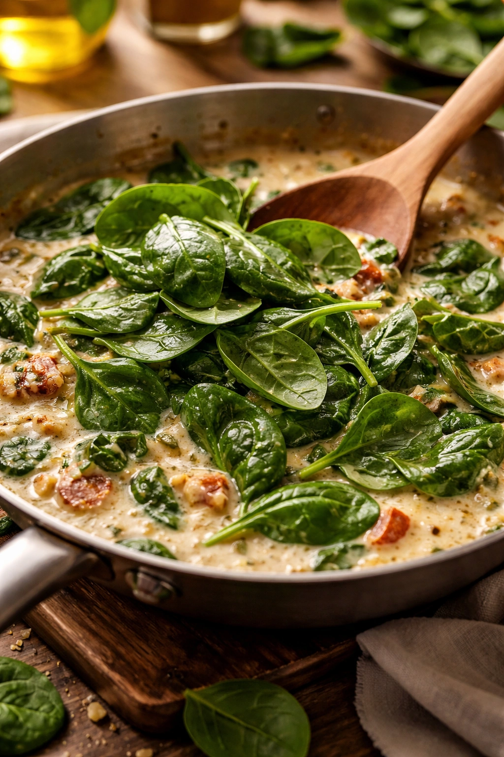 Fresh spinach being folded into a creamy pasta sauce in a pan