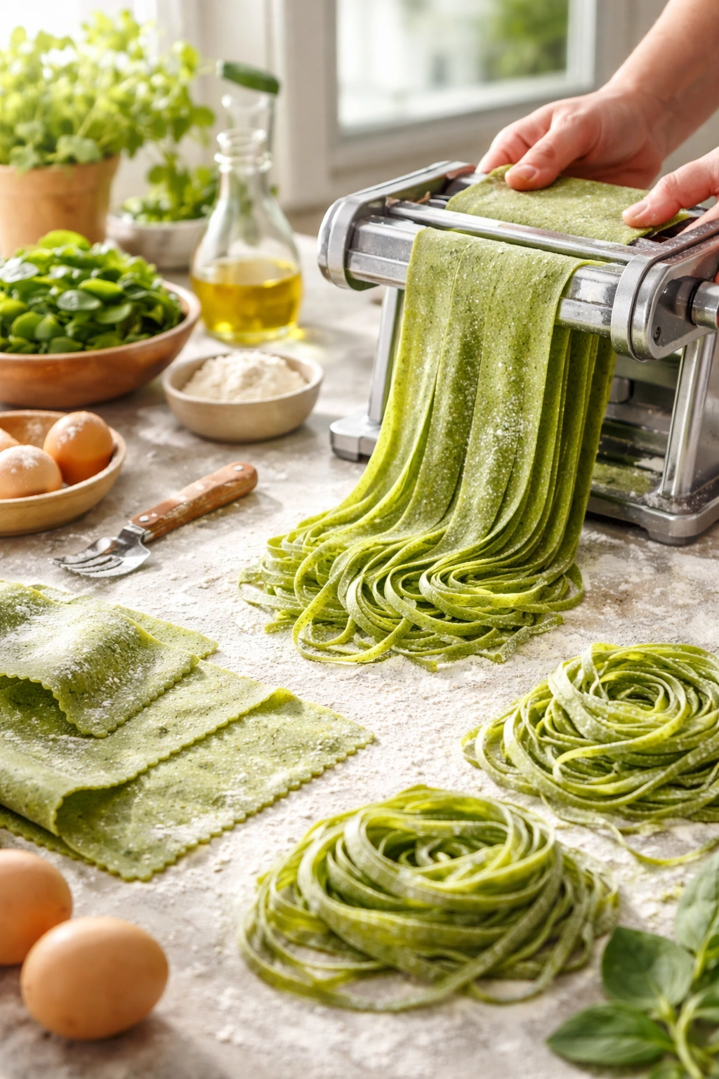 Green spinach pasta dough being rolled and cut