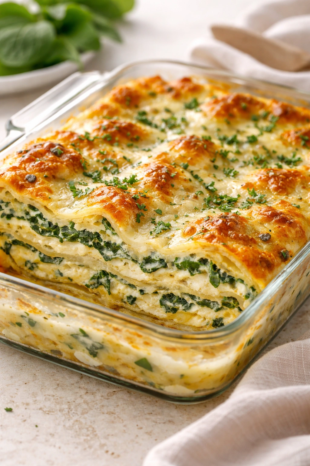 Spinach and ricotta lasagna with creamy white sauce in a baking dish