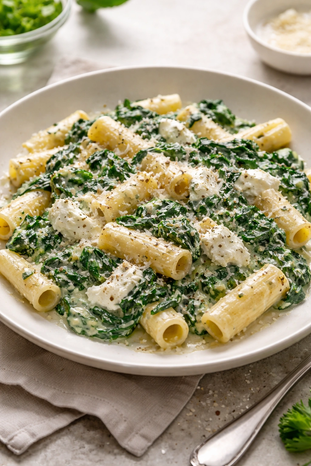 Spinach and ricotta pasta on white plate with green flecks