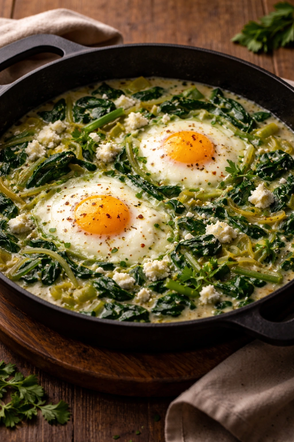 Creamy spinach and leek shakshuka with eggs in skillet