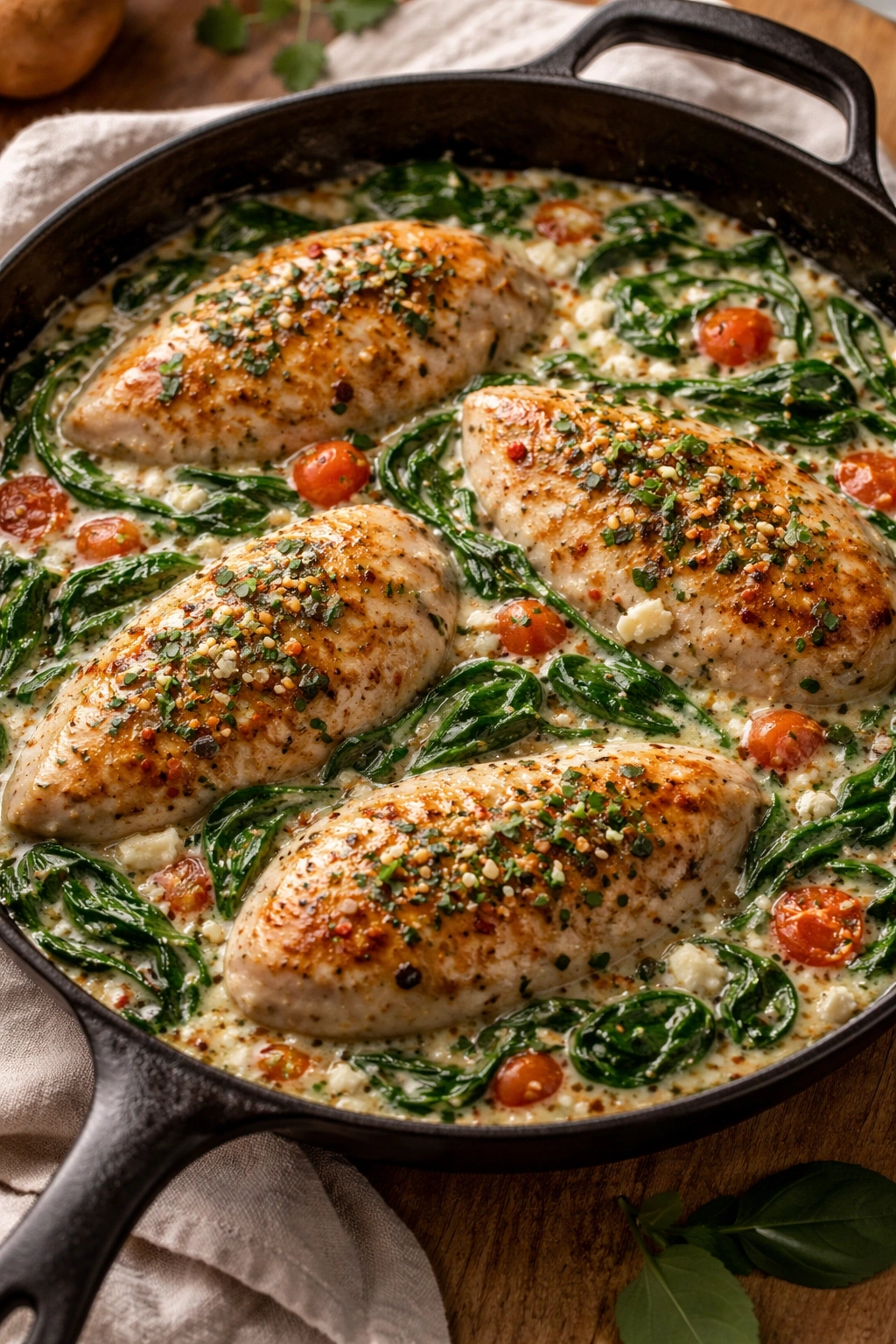Spinach variation: feta chicken with wilted greens folded into sauce.