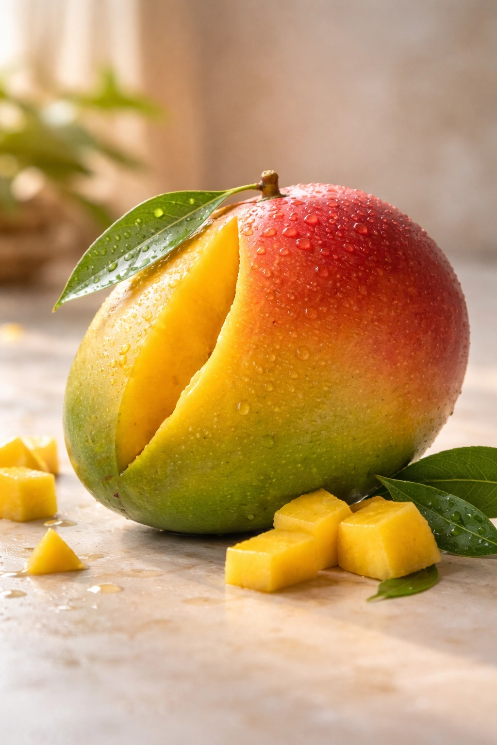 Whole ripe mango with a small split showing flesh on white background