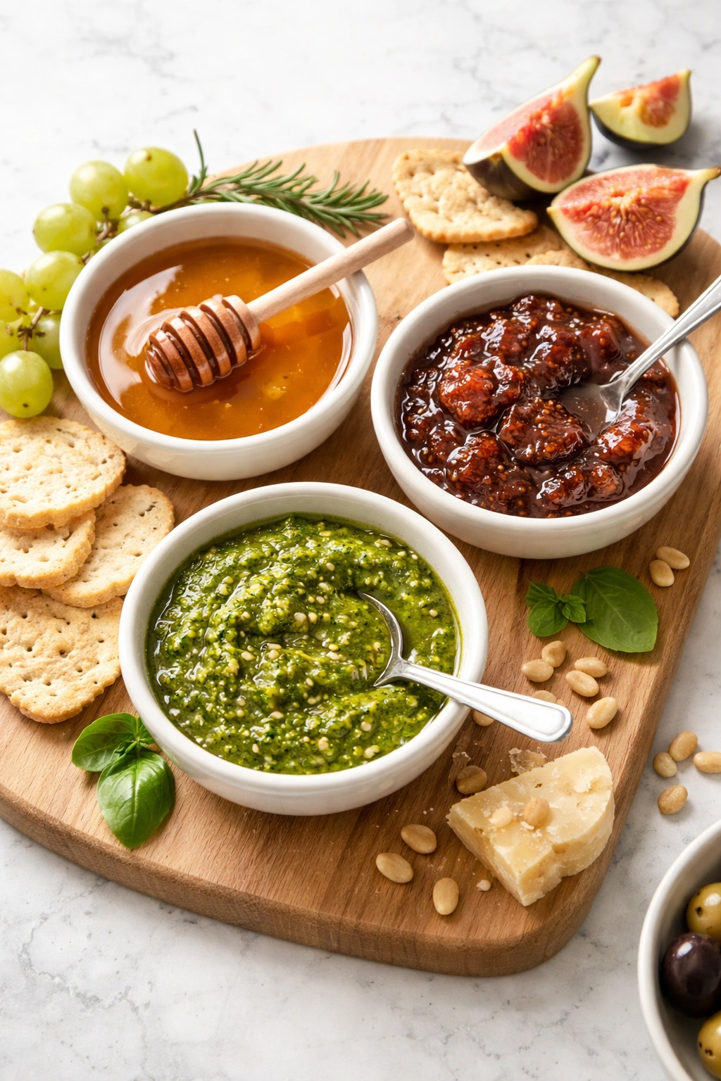 Three to four bowls of honey, jam, and pesto on a light wooden board