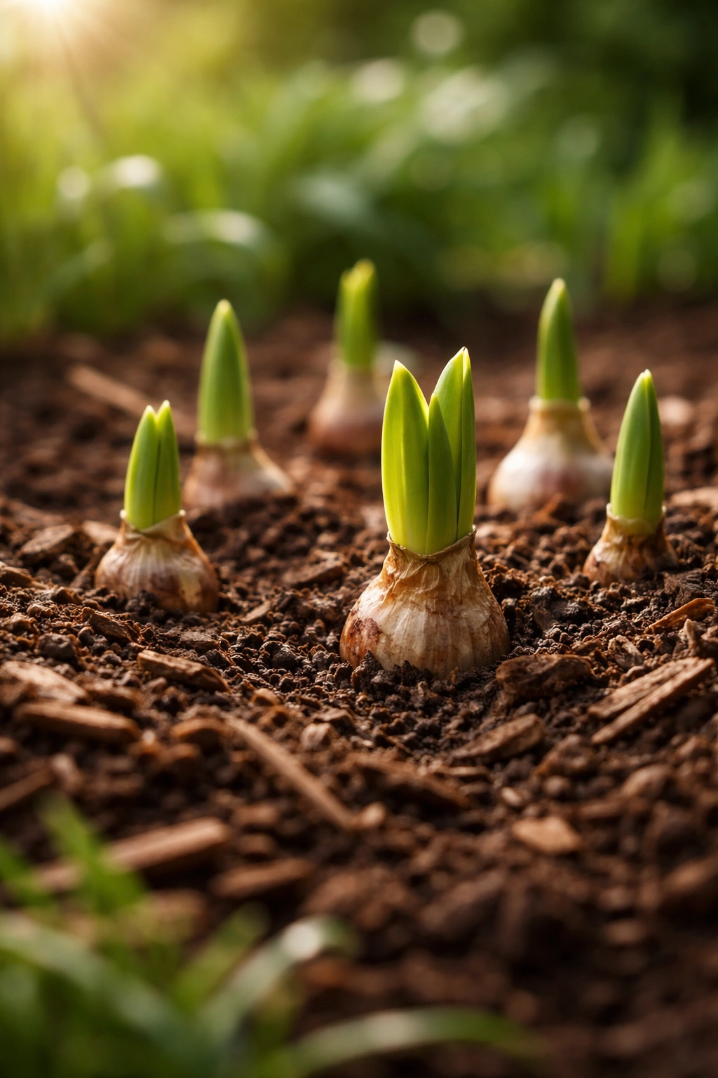 Close-up of spring-planted bulbs emerging from soil with green shoots