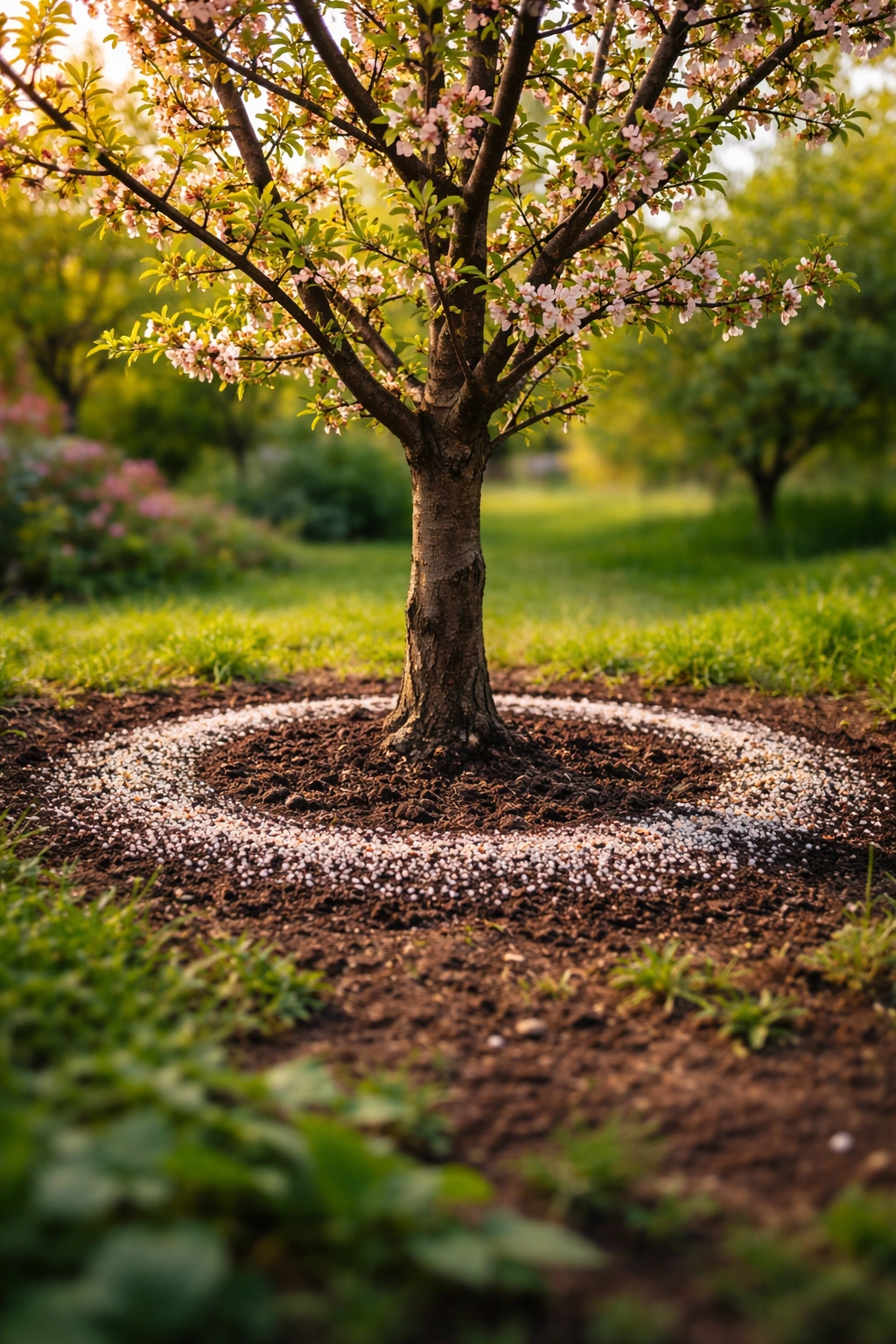 Close-up of soil ring around a fruit tree trunk with fertilizer granules in spring